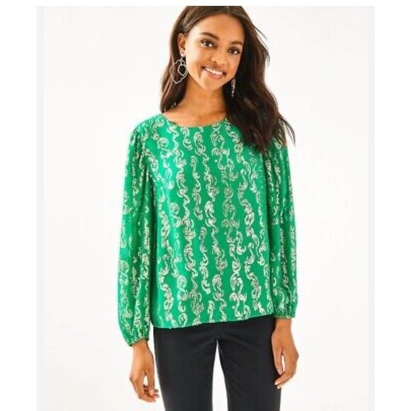 Lilly Pulitzer Miriam Blouse Womens Medium Metallic Silk Long Sleeve Top Shirt - Picture 1 of 6